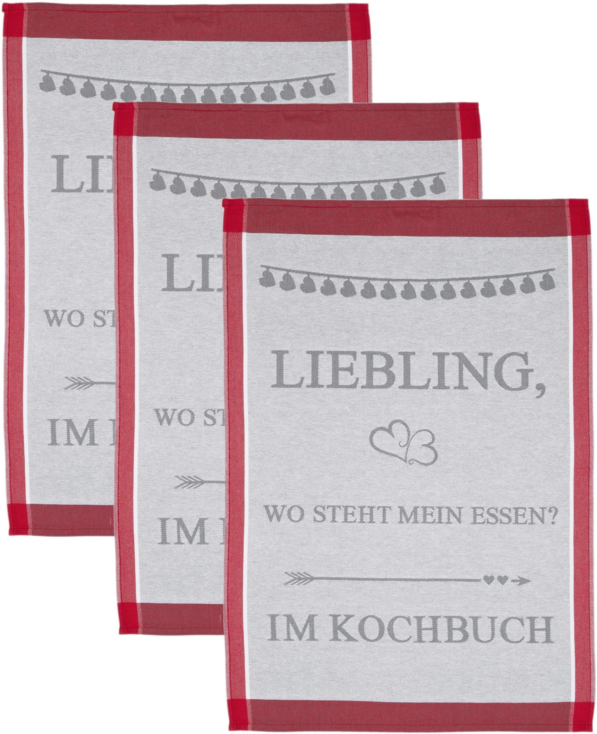 ROSS Geschirrtuch "Liebling, wo steht mein essen… im Kochbuch" Grau/Rot 100% Baumwolle