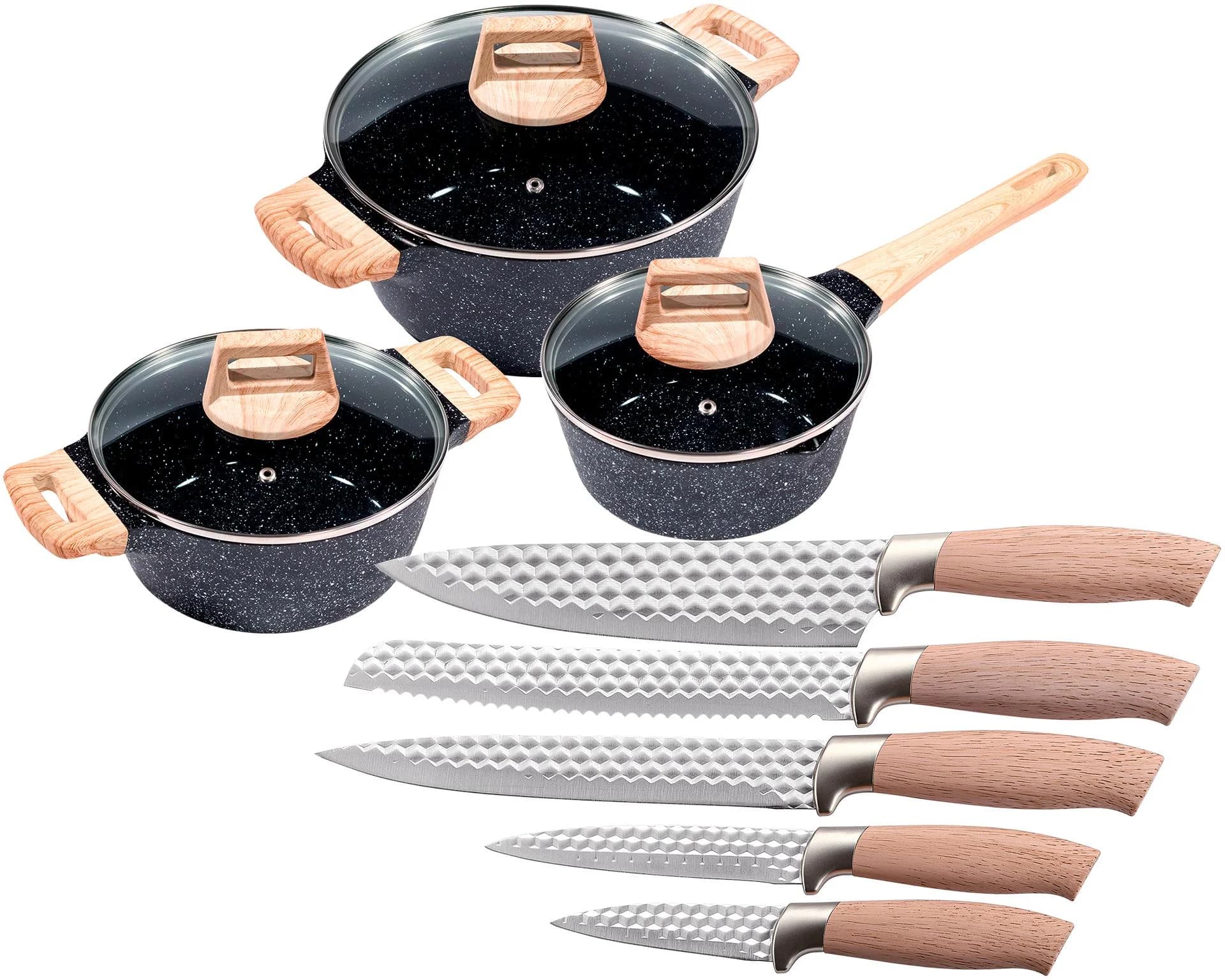 KING Kochtopfset Essential Aluminiumguss Antihaftbeschichtung Schwarz 7,5 l inkl. 5 Küchenmesser