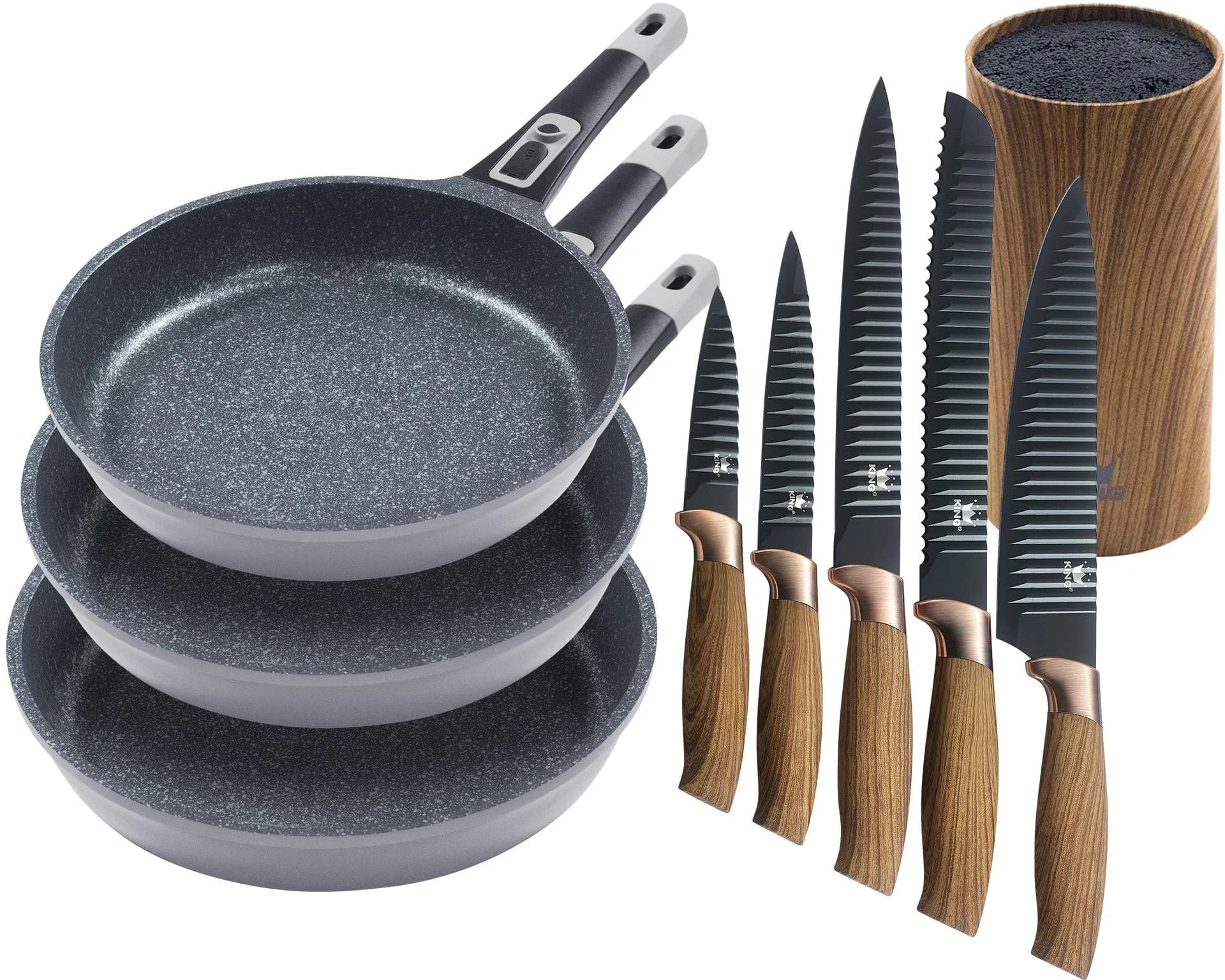 KING Pfannen-Set MOONSCAPE 3er inkl. Messer-Set und Messerblock Grau Induktion