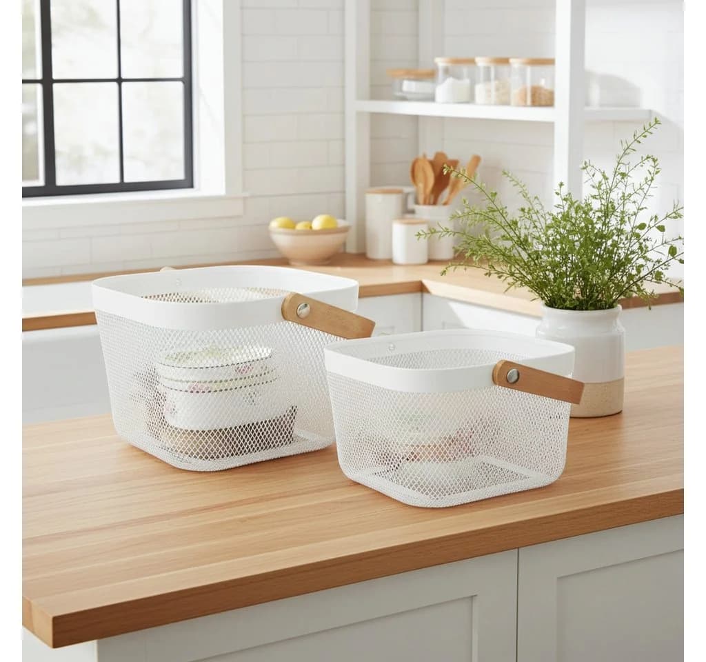 shop'n smile ideoon Drahtkorb 2er-Set Weiss mit Holzgriff