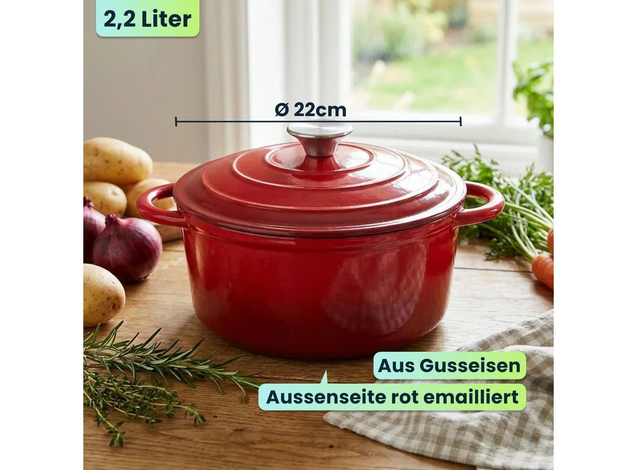 Casativo Schmortopf Gusseisen 22cm Rot 2,2L mit Deckel