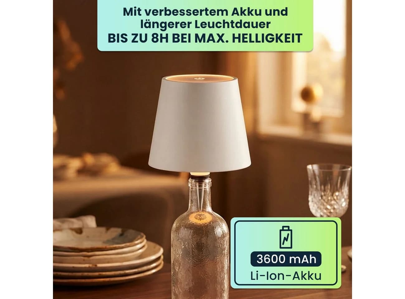 shop'n smile ideoon LED Tischleuchte Akku Flaschenlampe Weiß Dimmbar Touch USB-C