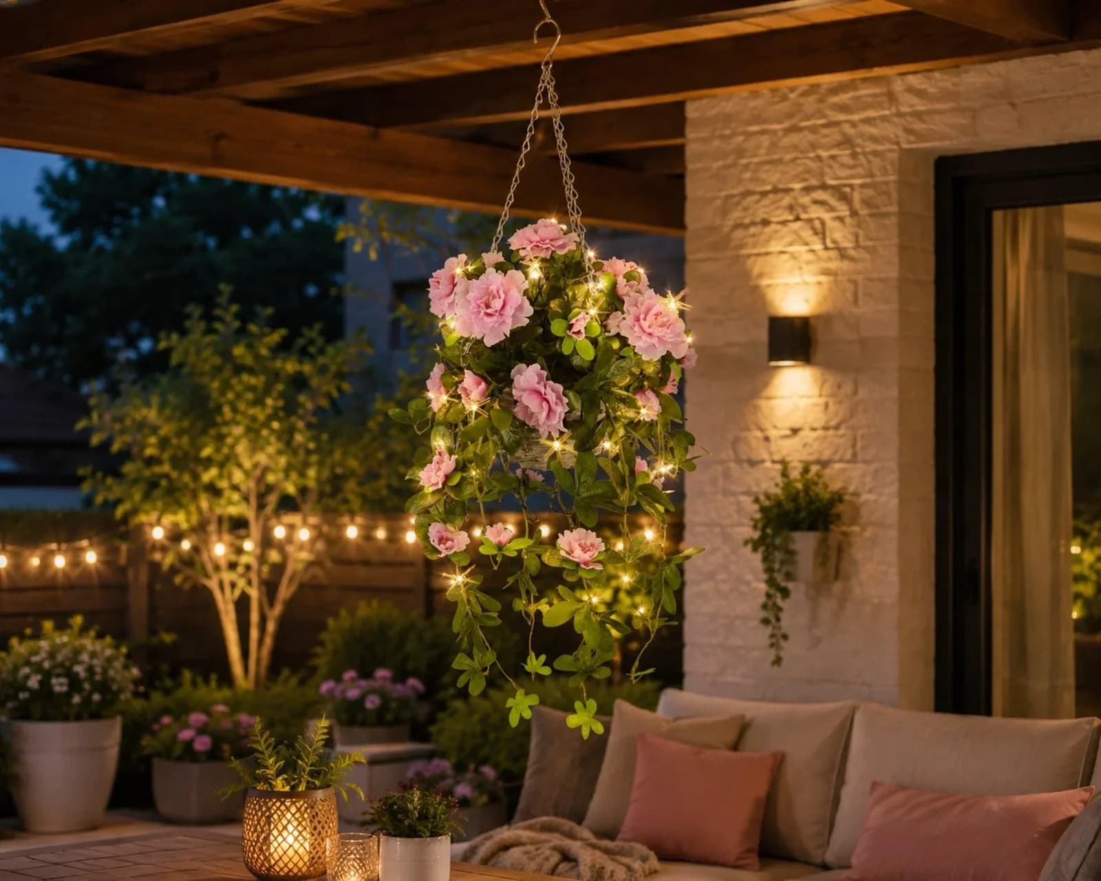 I.GE.A. Künstliche Bougainvillea Hängeampel Rosa mit LED-Girlande