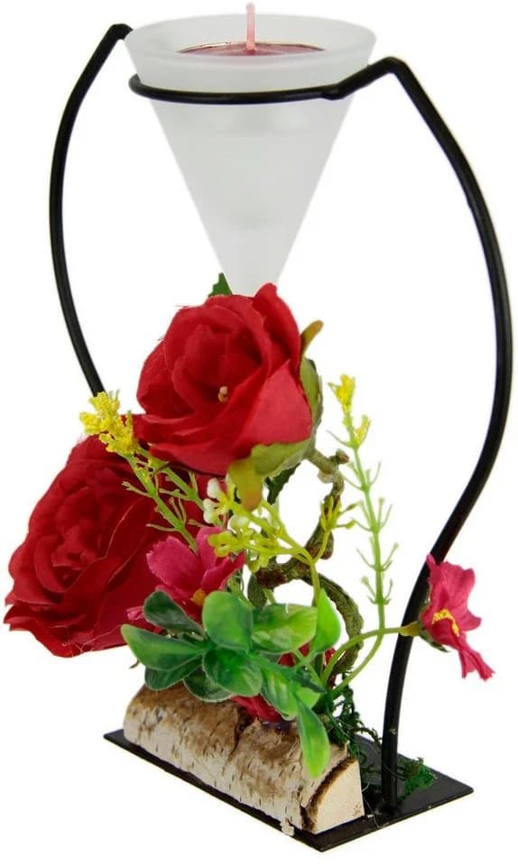I.GE.A. Teelichthalter Rose Rot mit Kunstrosen und Glaseinsatz