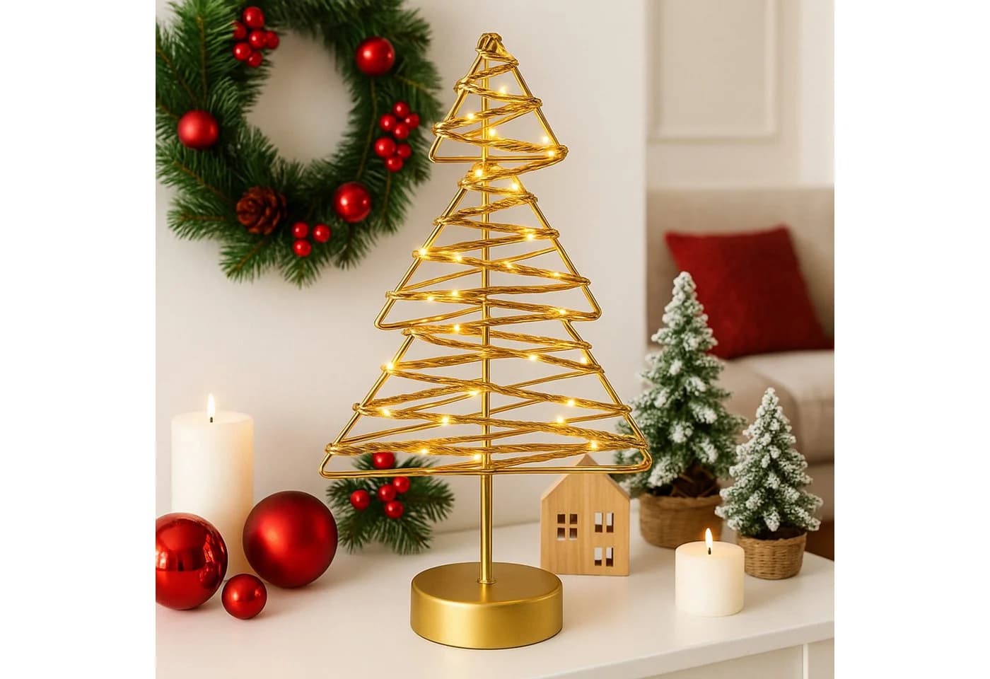 I.GE.A. LED-Tannenbaum Metall Gold warmweiß Timer Batteriebetrieb Weihnachtsdeko