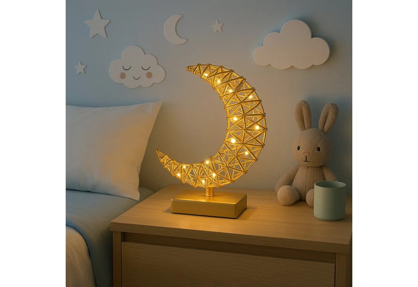 I.GE.A. LED-Dekofigur Mond Gold Metall Warmweiß Timer Batteriebetrieb