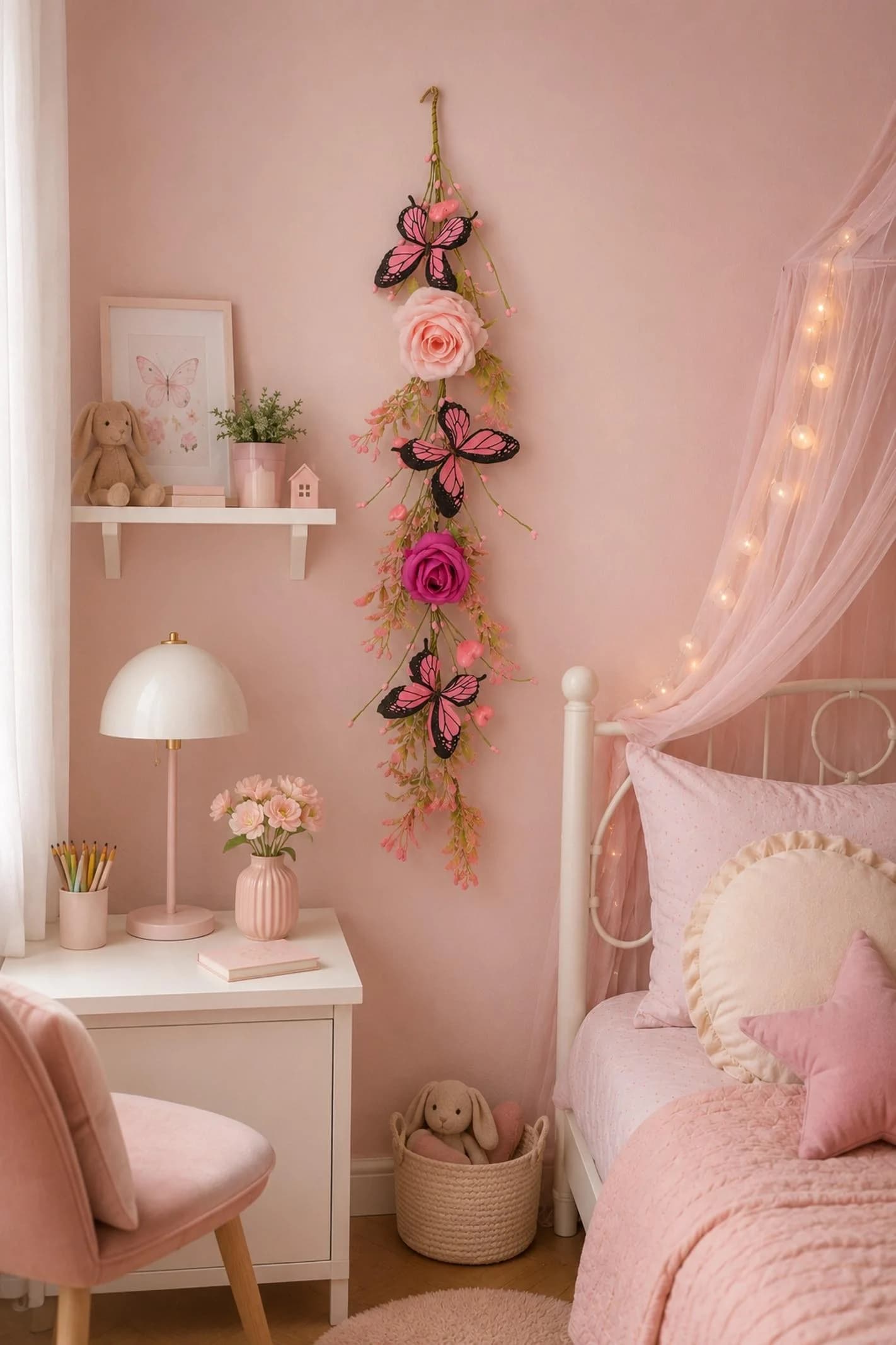 I.GE.A. Kunstblumen-Girlande Rosa mit Rosen und Schmetterlingen