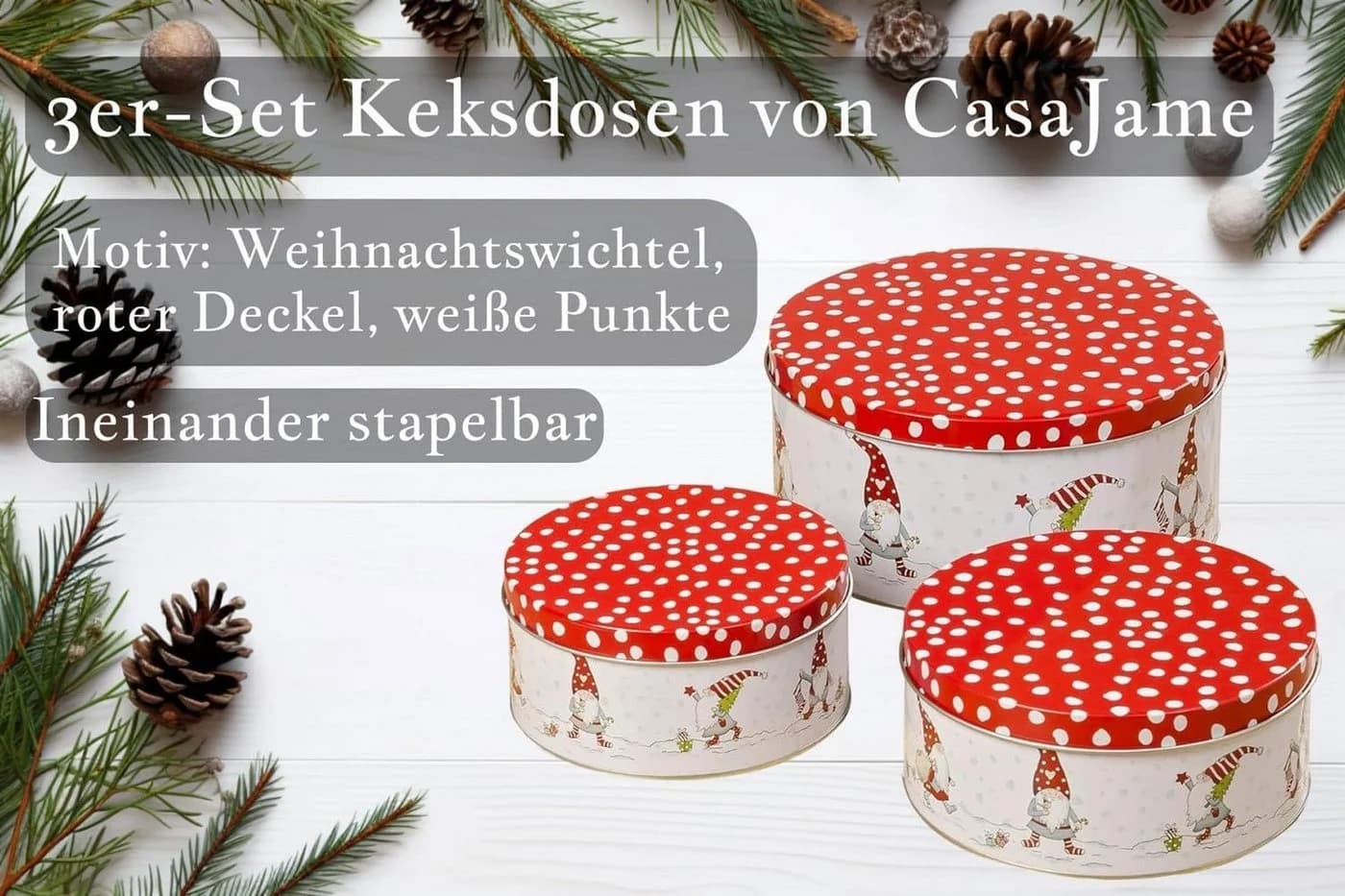 BOLTZE GRUPPE Keksdose CasaJame 3er Set Weihnachten Wichtel rot