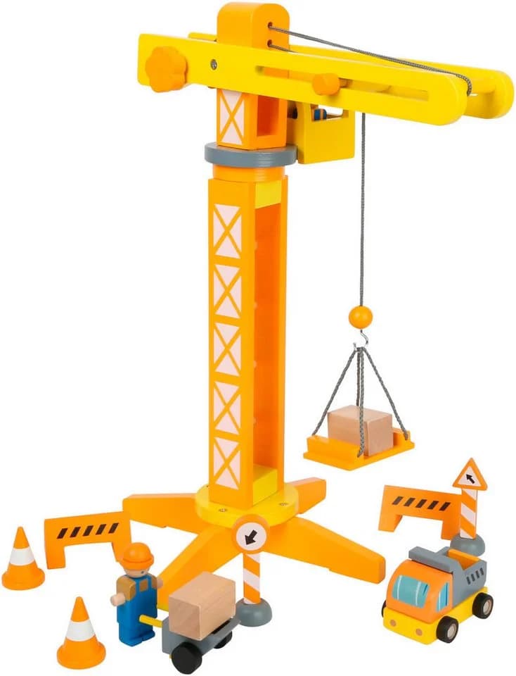 Small Foot Spielzeug-Kran mit Baustellenzubehör Holz Orange