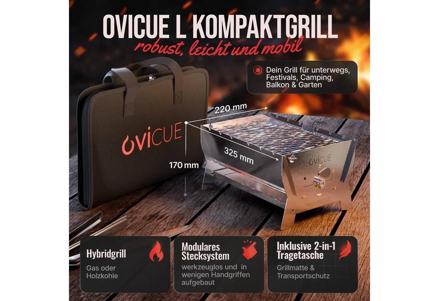 ovicue Gasgrill Steckbarer mobiler Tischgrill Gr. L Edelstahl