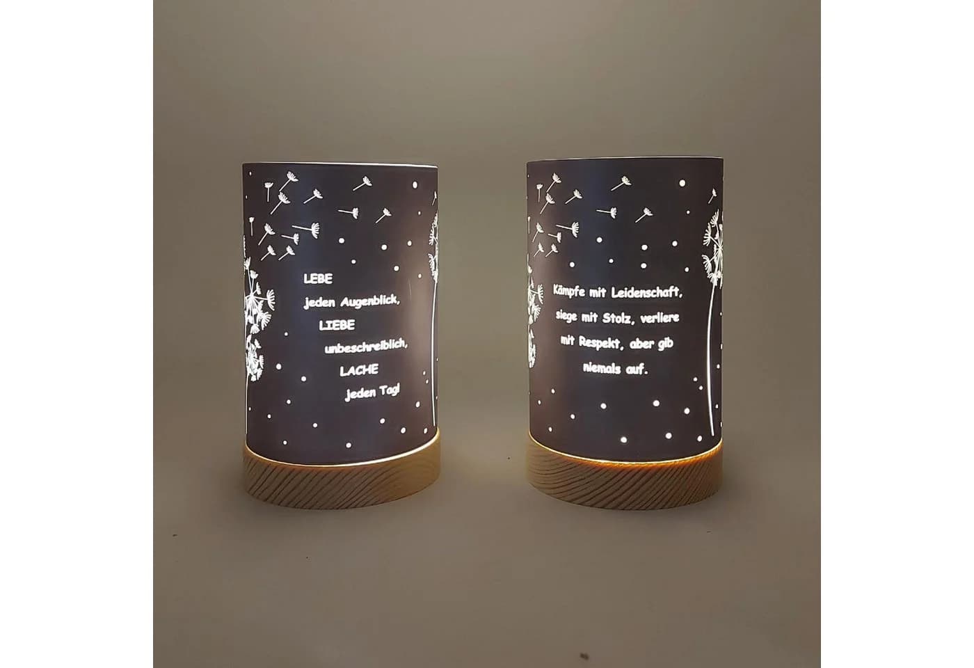 formano LED Tischleuchte Sprüche Lila Farbglas mit Holzsockel