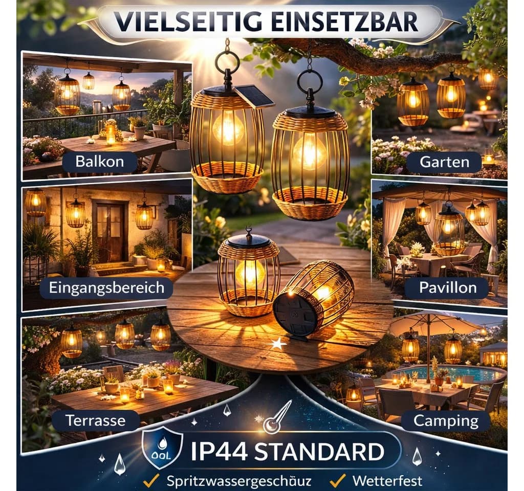 formano Solar Hängelaterne 2er Set Rattan & Metall LED Außenlaterne