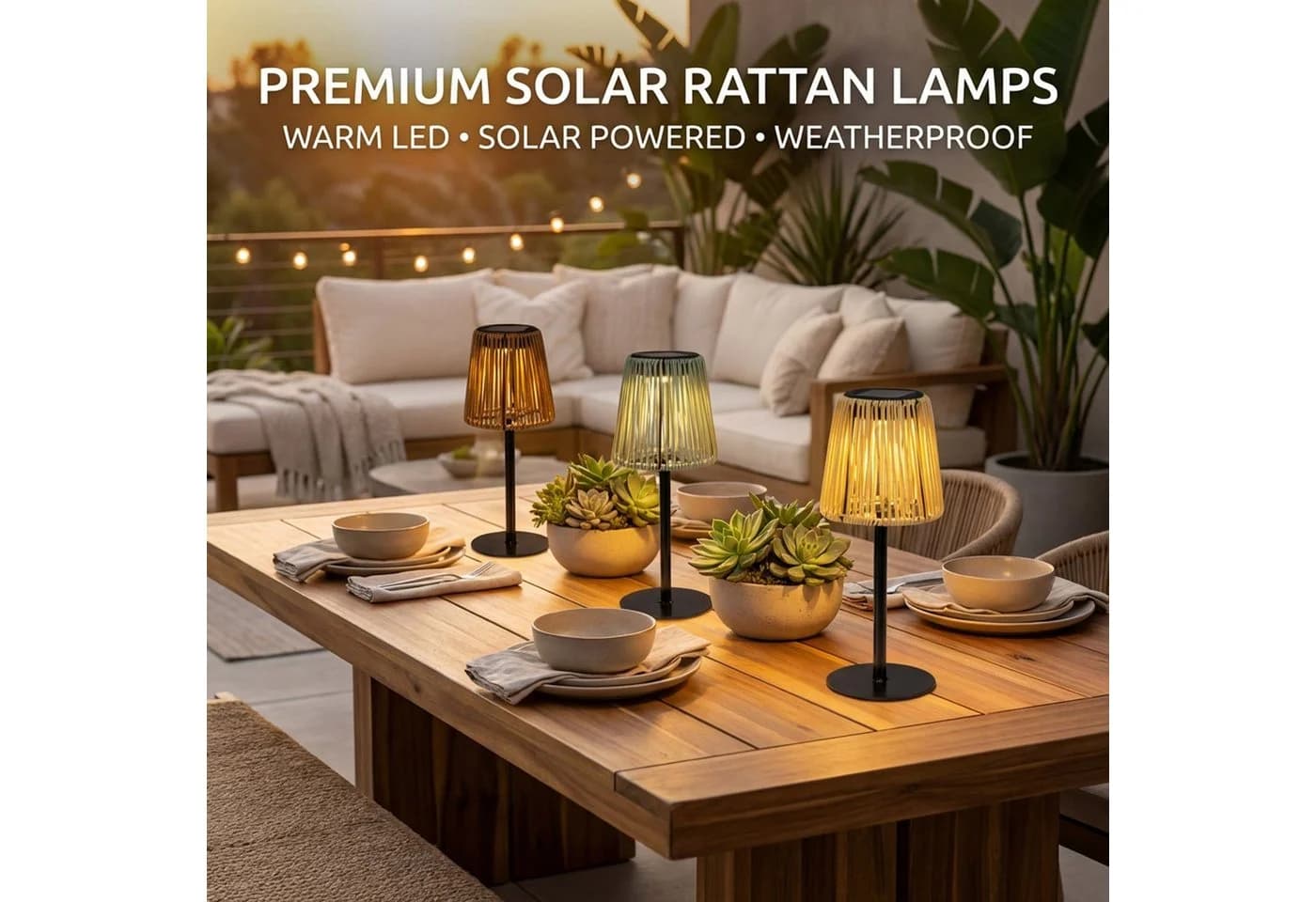formano Außen-Tischleuchte 3er Set Solar LED Rattan Optik Grau Braun Creme