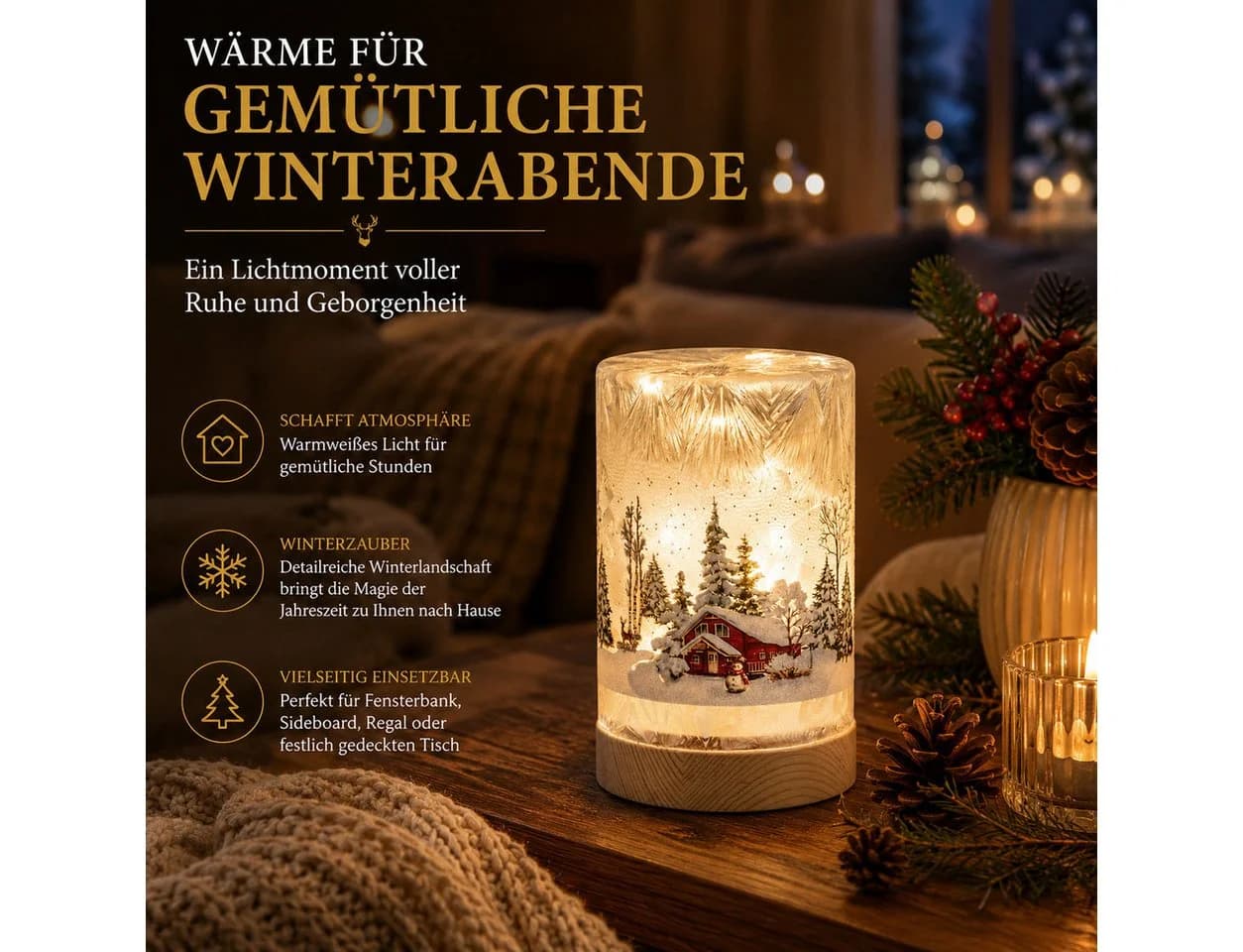 formano LED Dekolicht Winterlandschaft Leuchtglas Holzsockel 15cm Timer