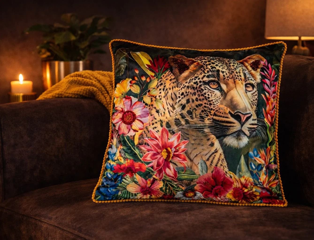 formano Samt Dekokissen Leopard 45cm mit floralen Elementen
