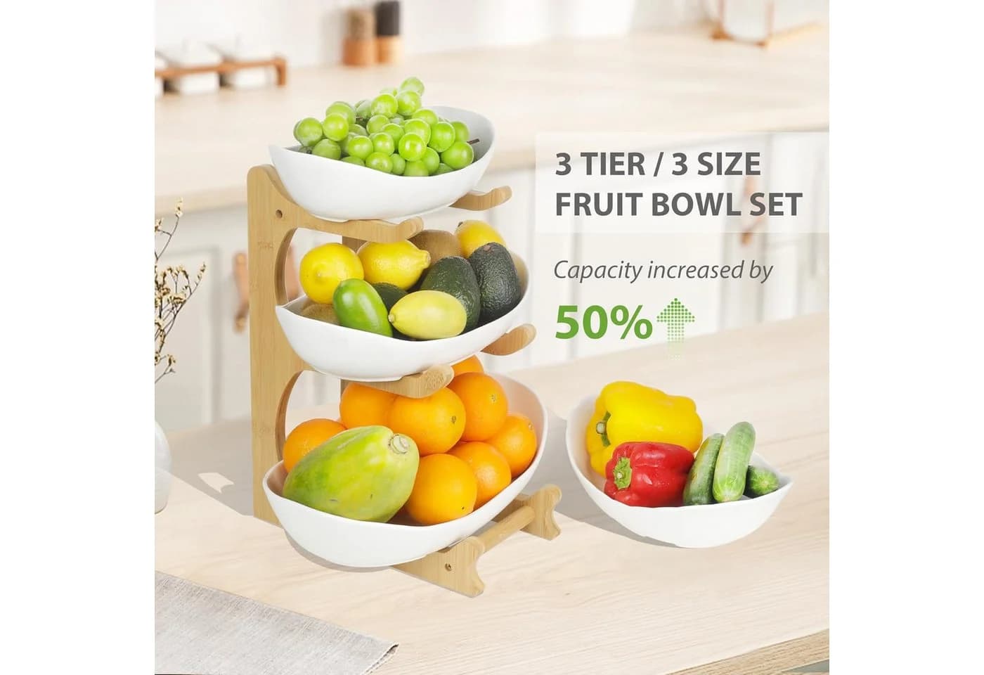 LIBWYS Obst Etagere 3 Etagen Keramik Bambus weiß