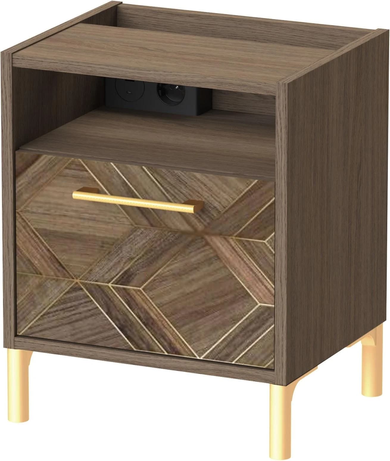 Schildmeyer Nachtschrank Glenn mit Ladestation Nussbaum Gold Art-Déco