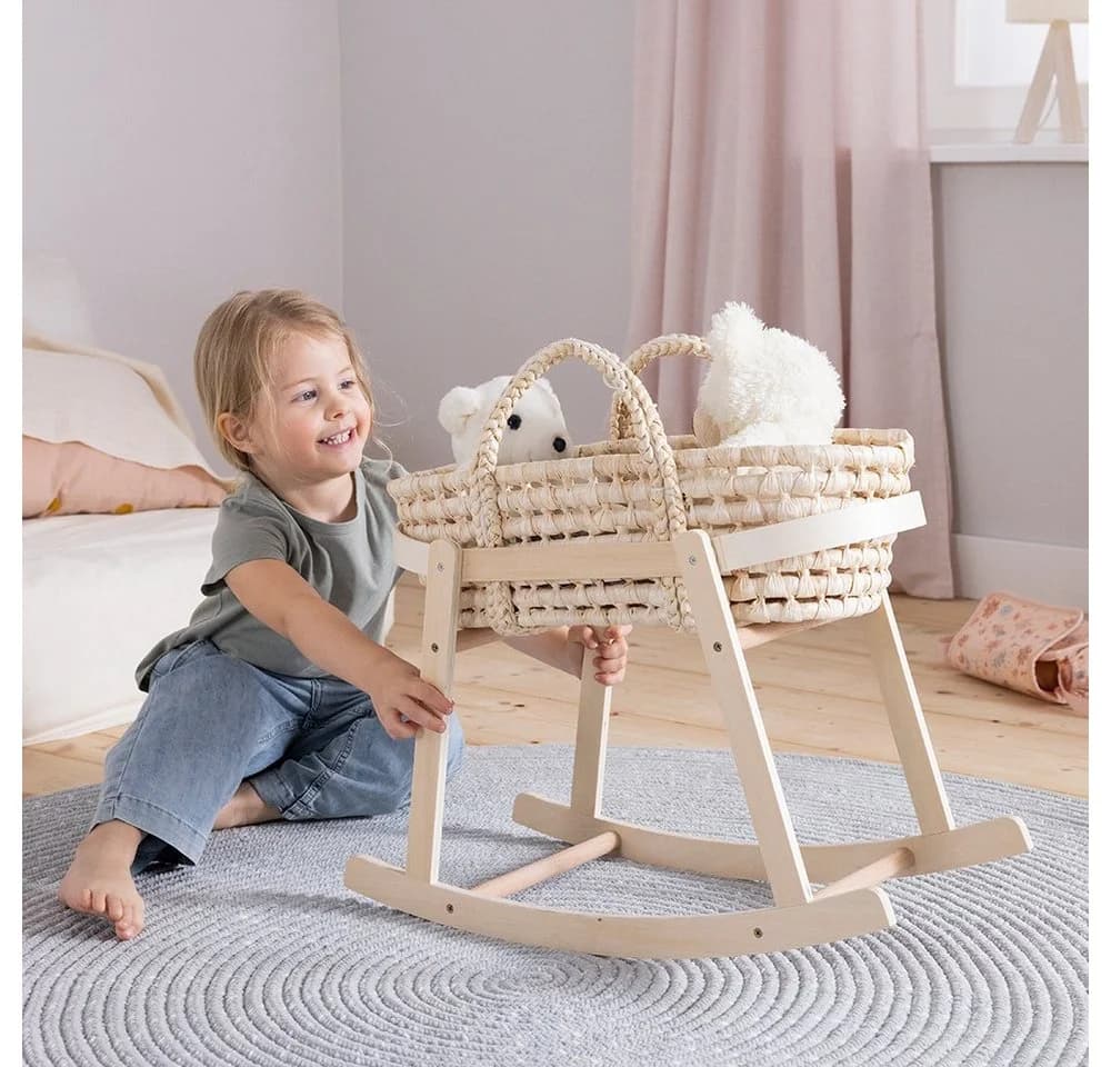 howa Puppenwiege miniflowers Holz mit Seegras-Korb Apricot