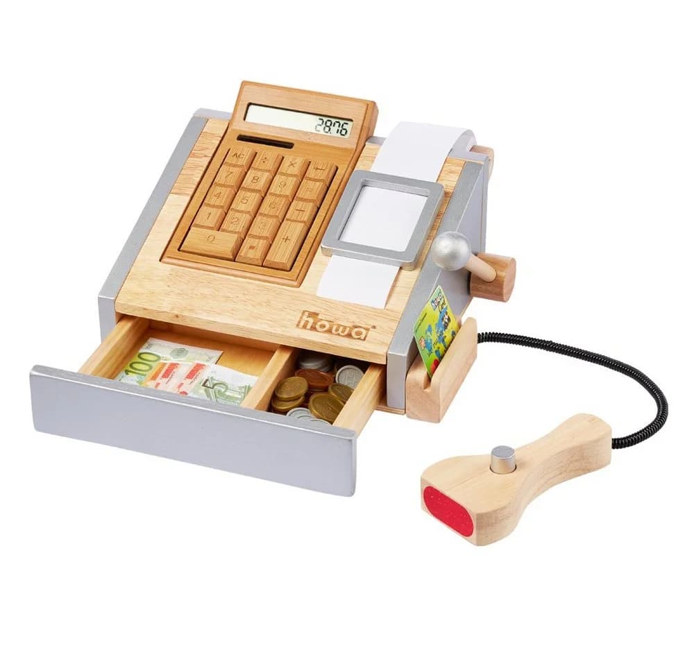 howa Spielkasse aus Holz mit Taschenrechner und Spielgeld