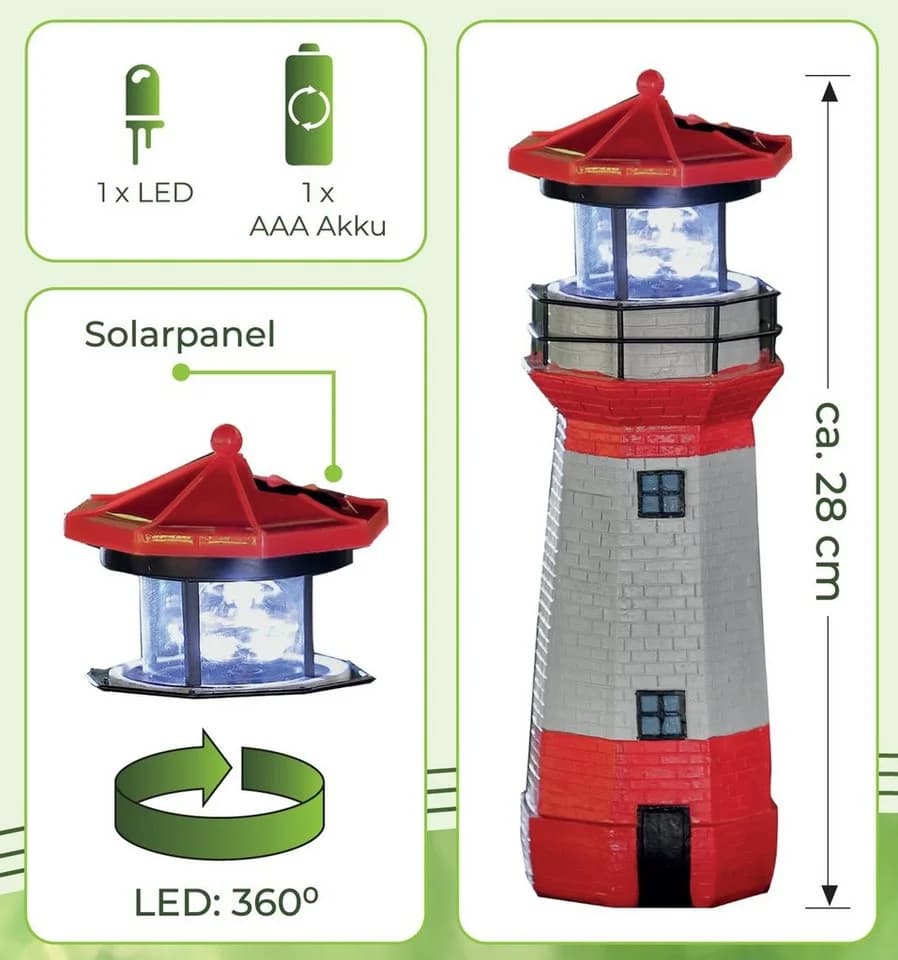 IC Gardenstyle Solar Leuchtturm LED mit rotierendem Leuchtfeuer rot-weiß
