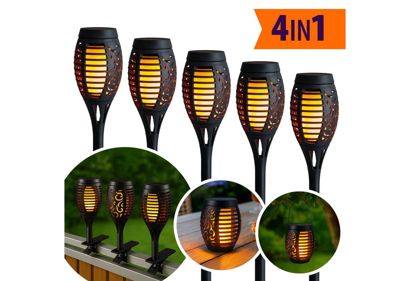 IC Gardenworld LED Solar Gartenfackel 5er Set Schwarz mit Flammeneffekt