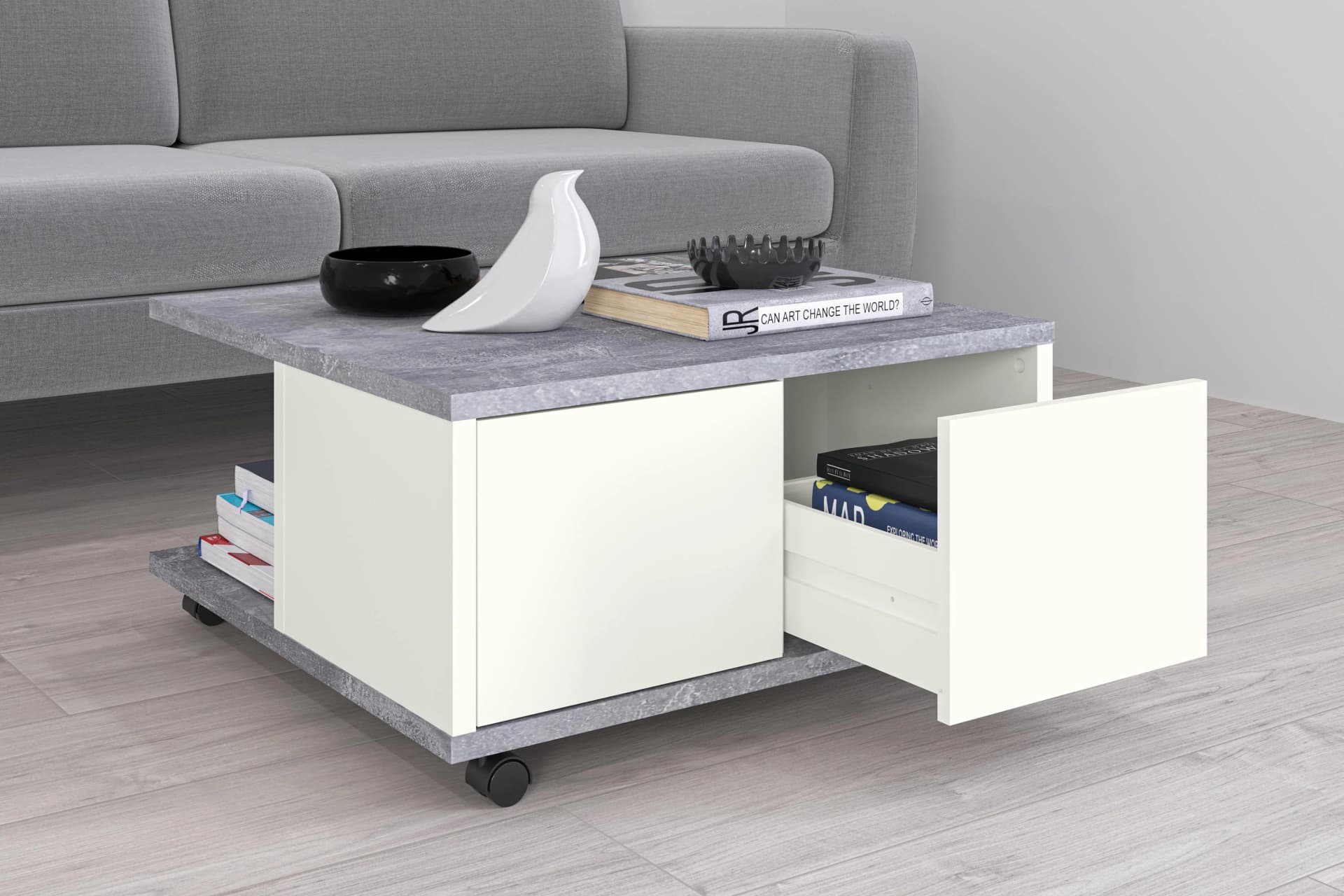 FMD Twin Couchtisch Weiß Betonoptik Edelglanz