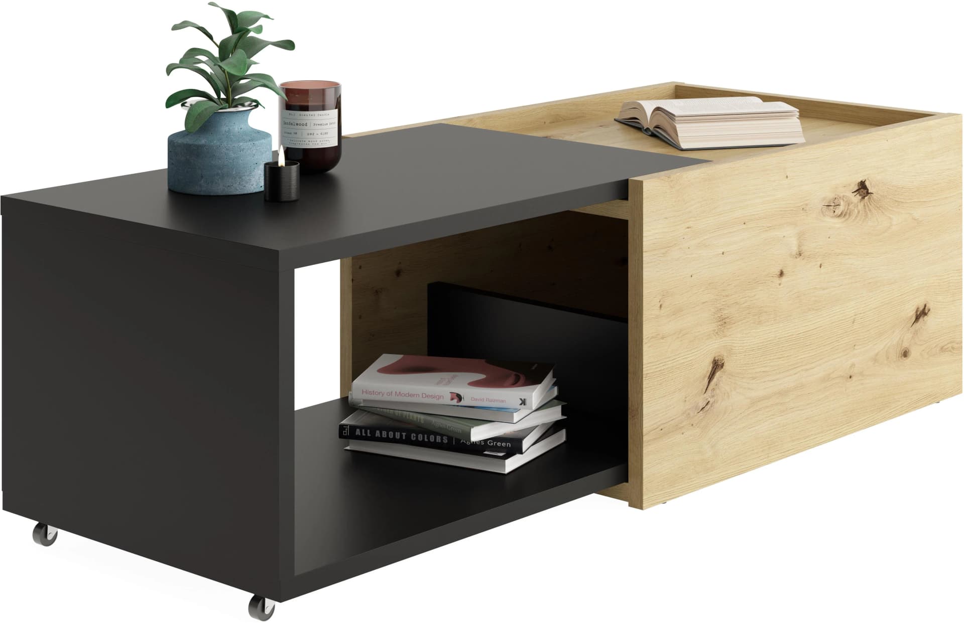 Couchtisch FMD Slide Artisan Eiche Schwarz Perl Ausziehbar Mit Rollen