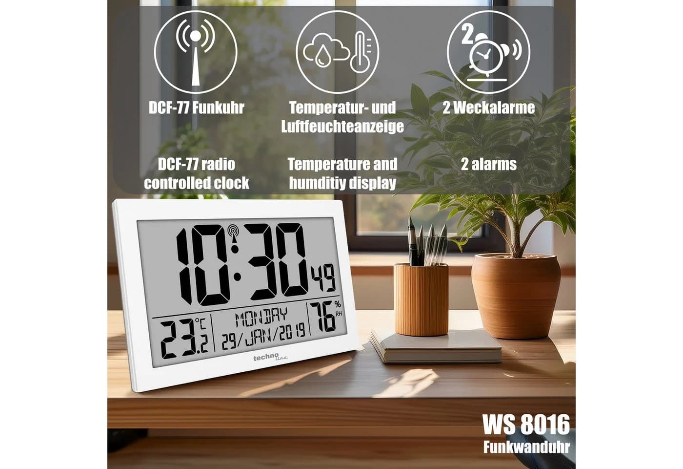 Technoline Funkwanduhr WS 8016 mit Temperatur- und Luftfeuchteanzeige