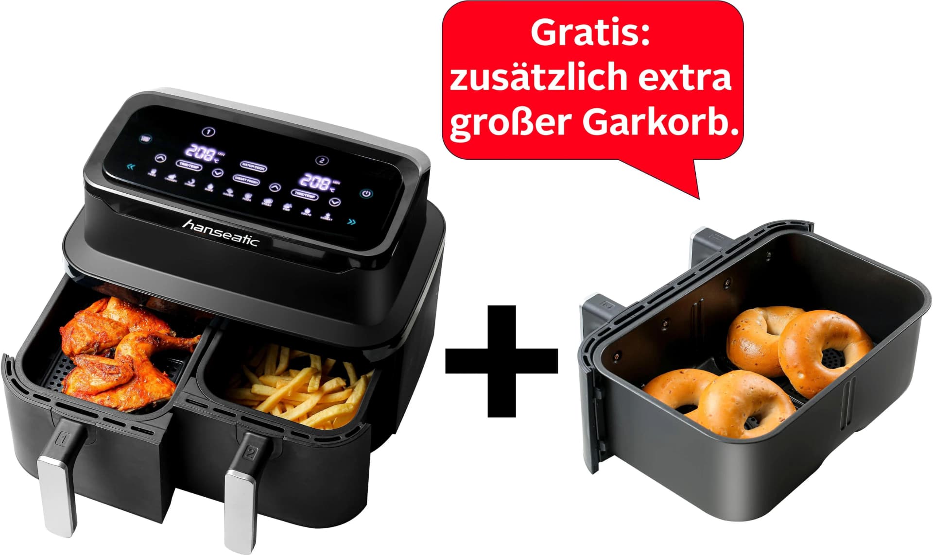HANSEATIC Heißluftfritteuse XXL-Volumen 9L mit Dörrfunktion, 2 Einschübe und Touchdisplay