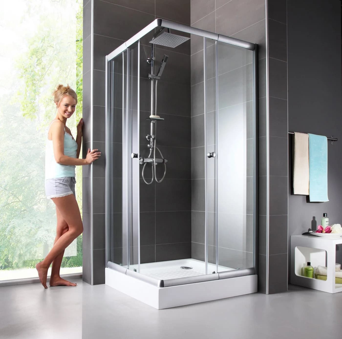 WELLTIME Eckdusche Trento Grau Silber Schiebetüren