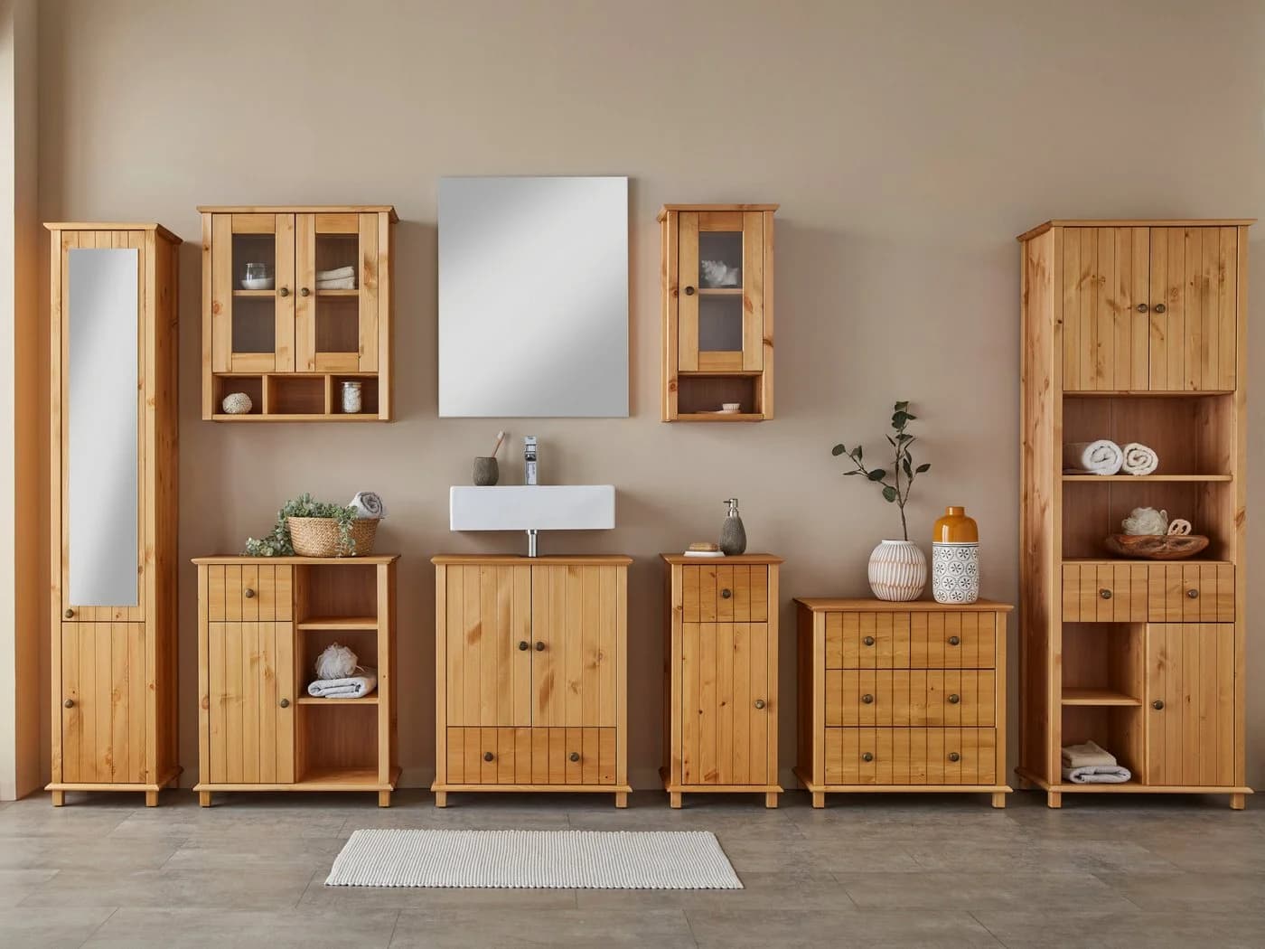 HOME AFFAIRE Hochschrank Vili Massivholz Kiefer Spiegeltür Beige