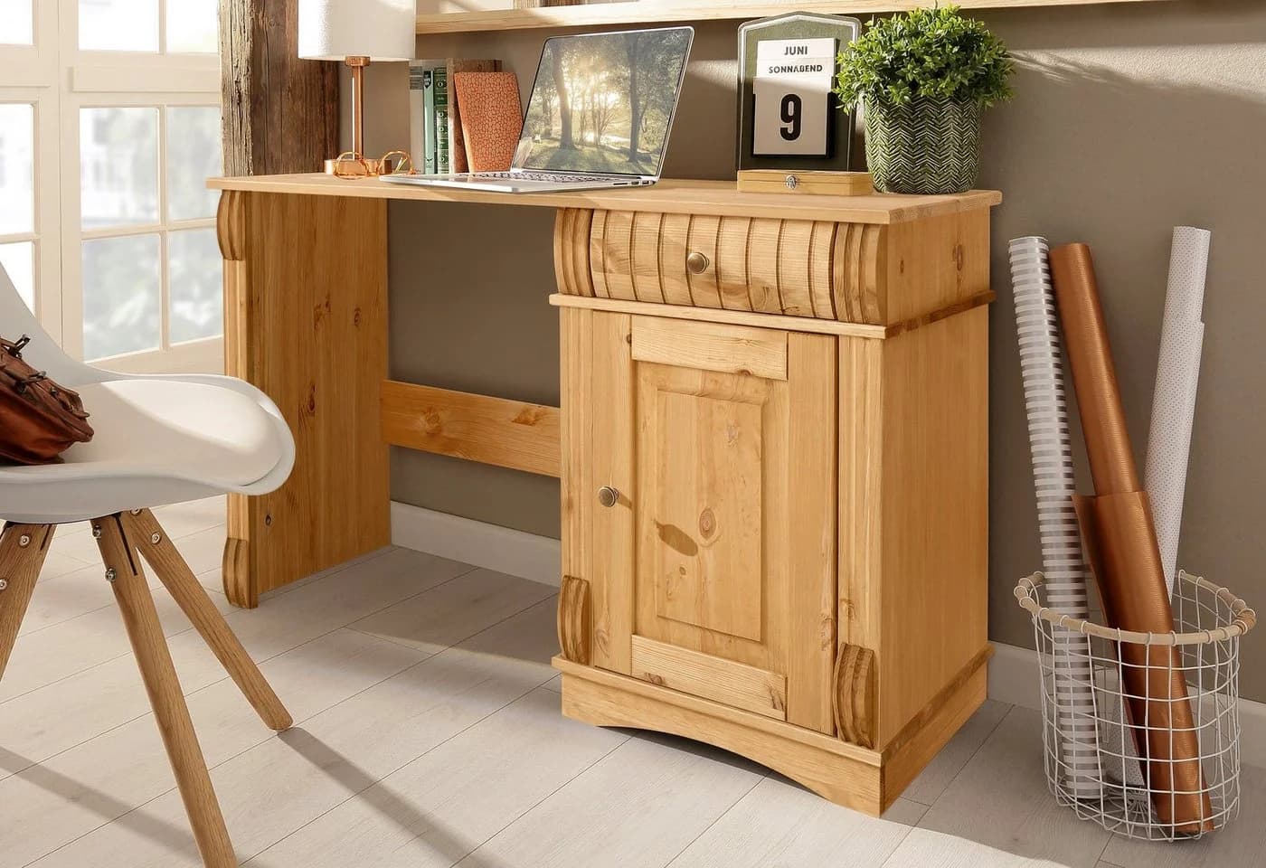 OTTO HOME Schreibtisch Teresa Massivholz Beige Geölt