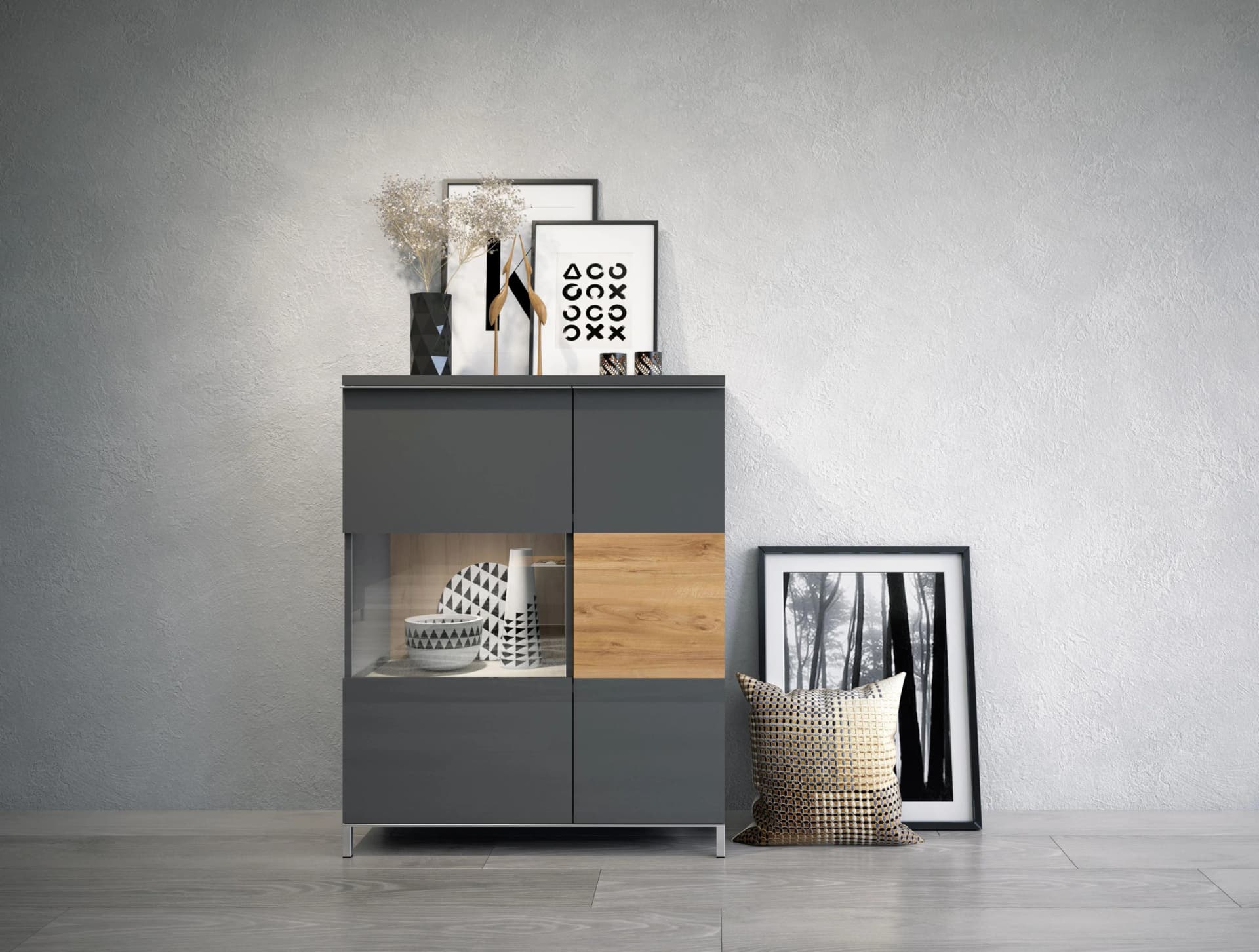 Vitrine PLACES OF STYLE Onyx Anthrazit Walnussfarben Hochglanz