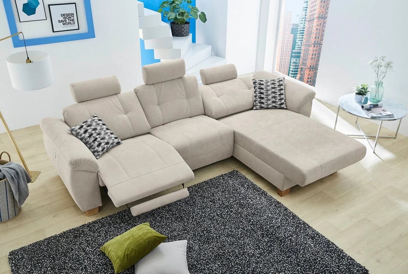 Ecksofa Savona L-Form Beige mit Relaxfunktion & USB