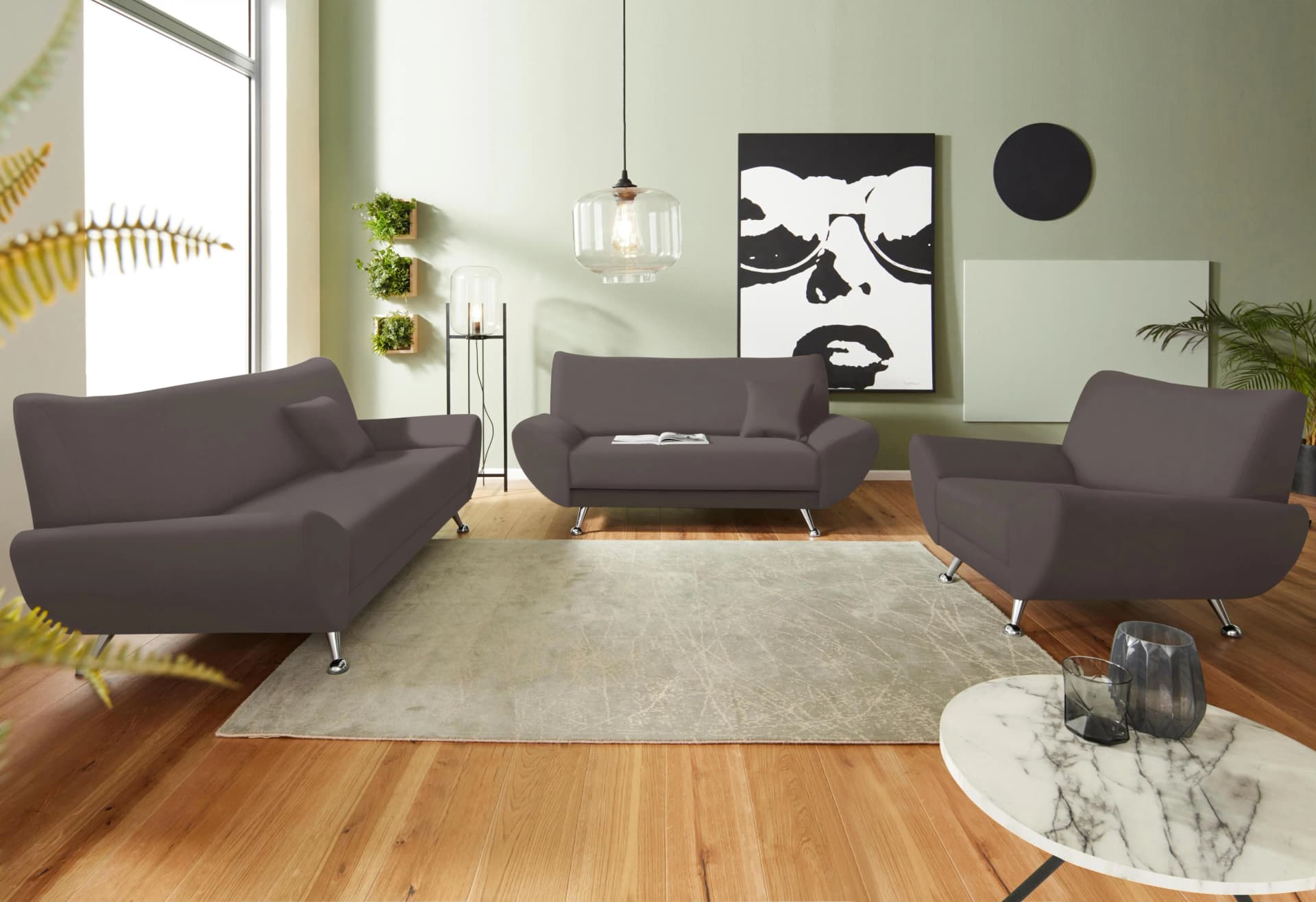 HOME AFFAIRE Saltare Polstergarnitur Grau 3-teilig Kunstleder