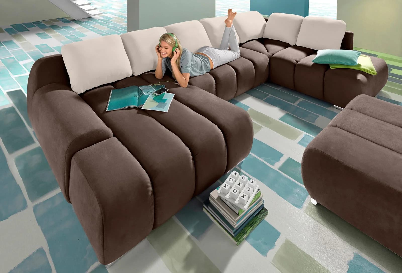 HOME AFFAIRE Bono U-Form Wohnlandschaft Dunkelbraun Creme mit Bettfunktion