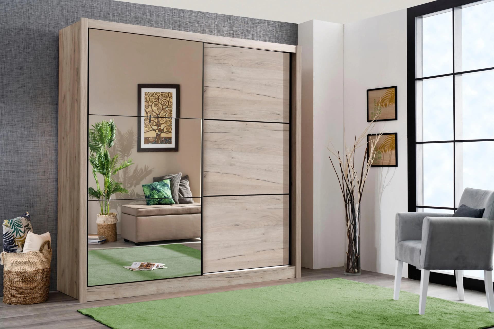 INOSIGN Navara Schwebetürenschrank Grau mit Spiegel
