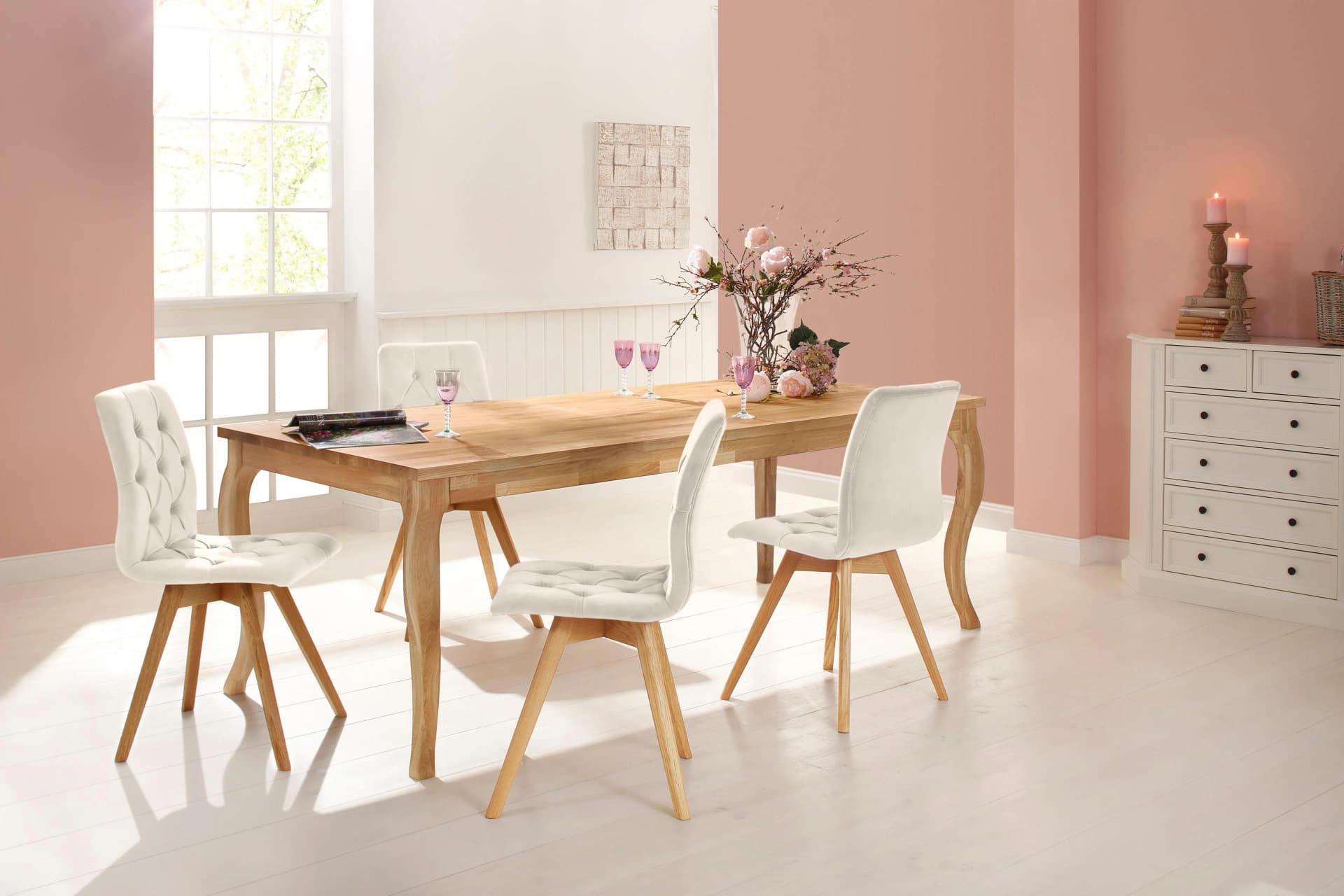 OTTO HOME Rania 4-Fußstuhl Beige Eiche Massivholz
