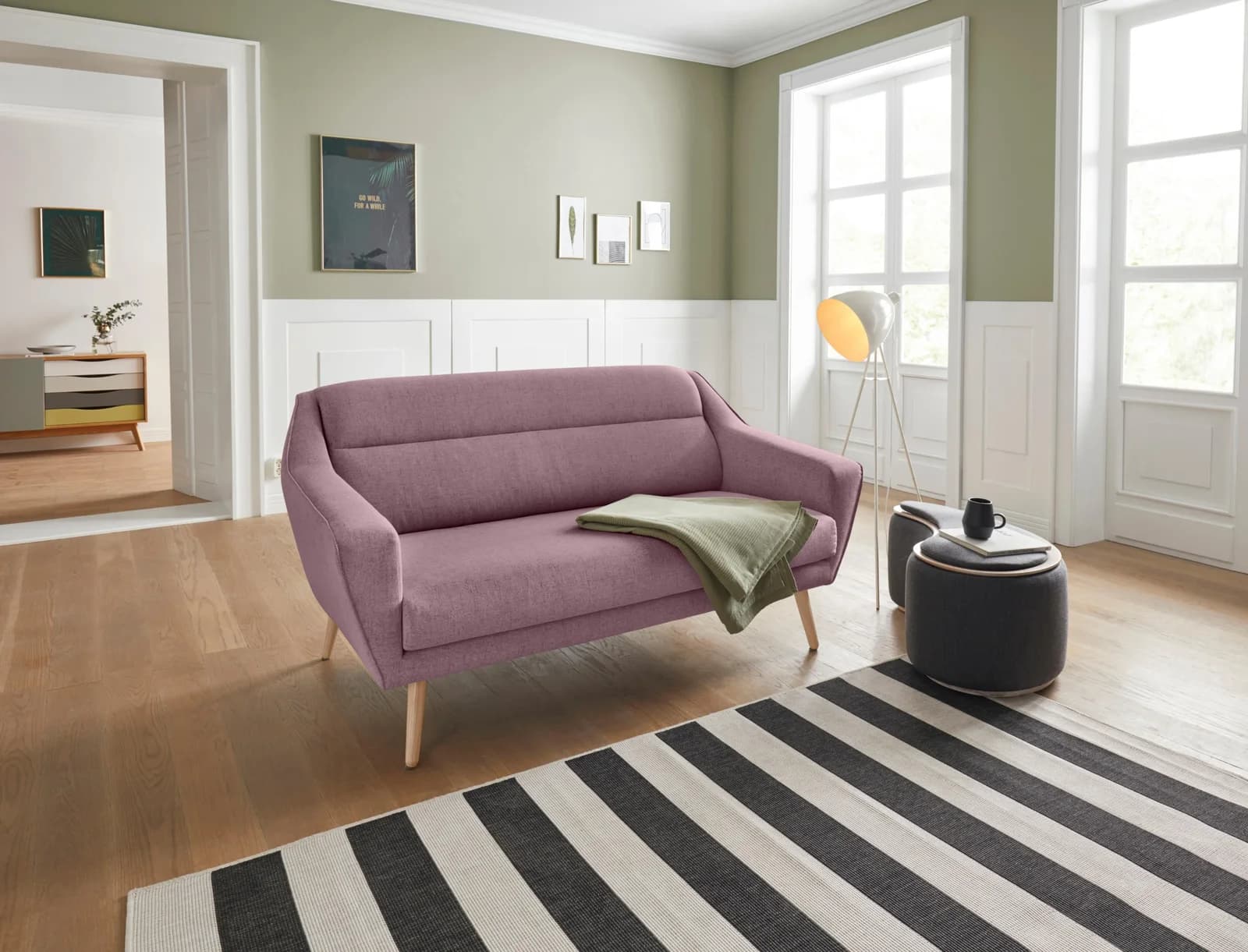 OTTO HOME Sofa Bille 2-Sitzer Rosa Microfaser Eiche-Beine