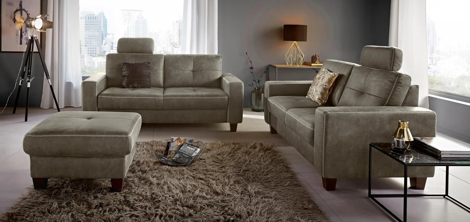 Home Affaire 3-Sitzer Sofa Varese Grau Taupe Kreuznaht