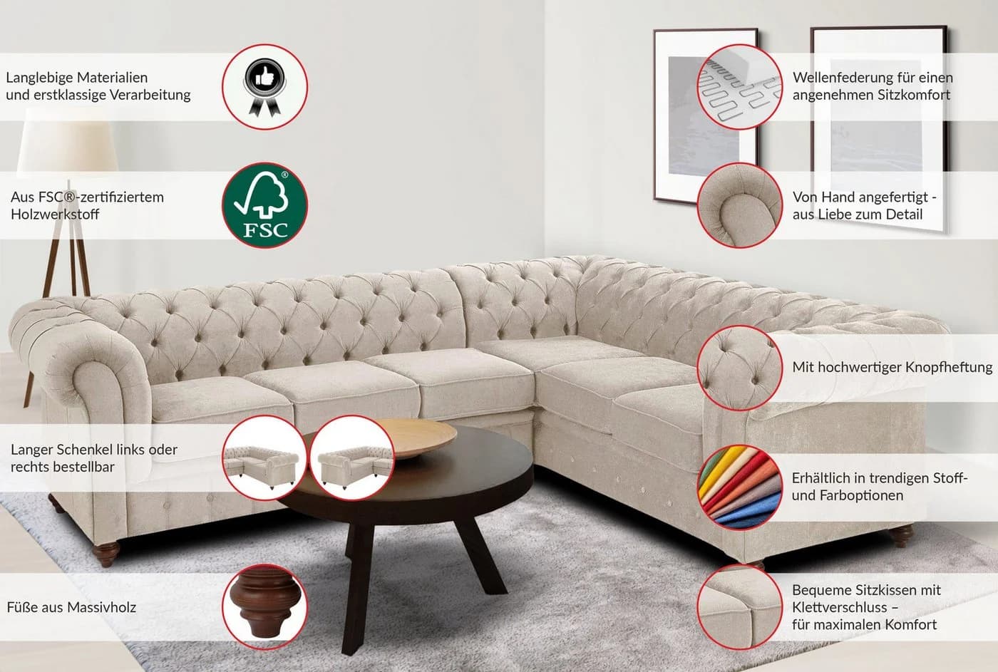 HOME AFFAIRE Chesterfield Ecksofa Anthrazit Leder Microfaser