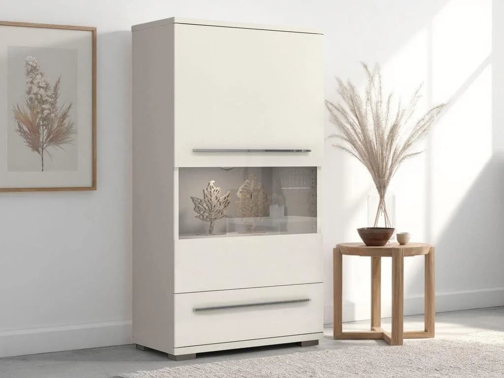 OTTO HOME Piano Vitrine Highboard Beige Hochglanz Soft-Close