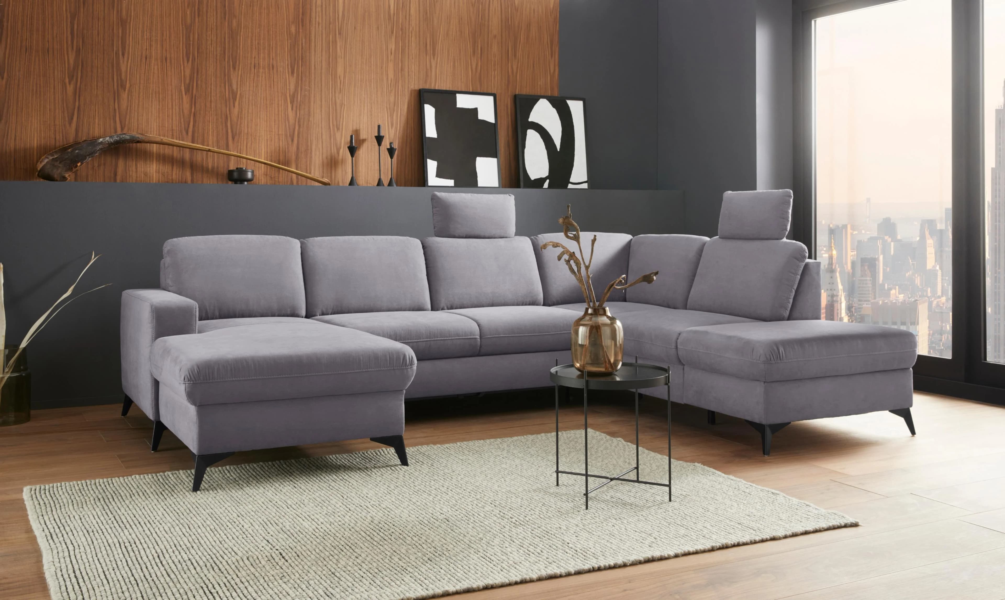 Home Affaire Wohnlandschaft Lolland U-Form Grau Microfaser mit Bettfunktion
