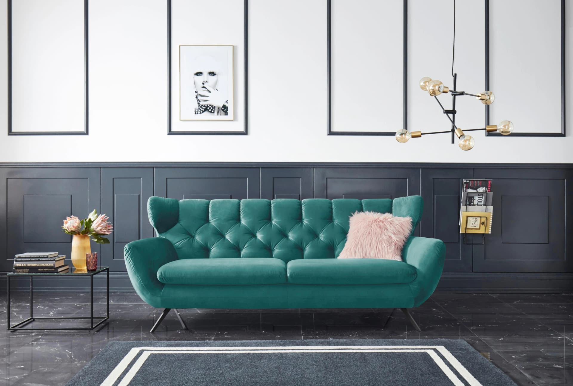 3C Candy Beatrice 3-Sitzer Sofa Dunkelgrün Samt-Optik Retro