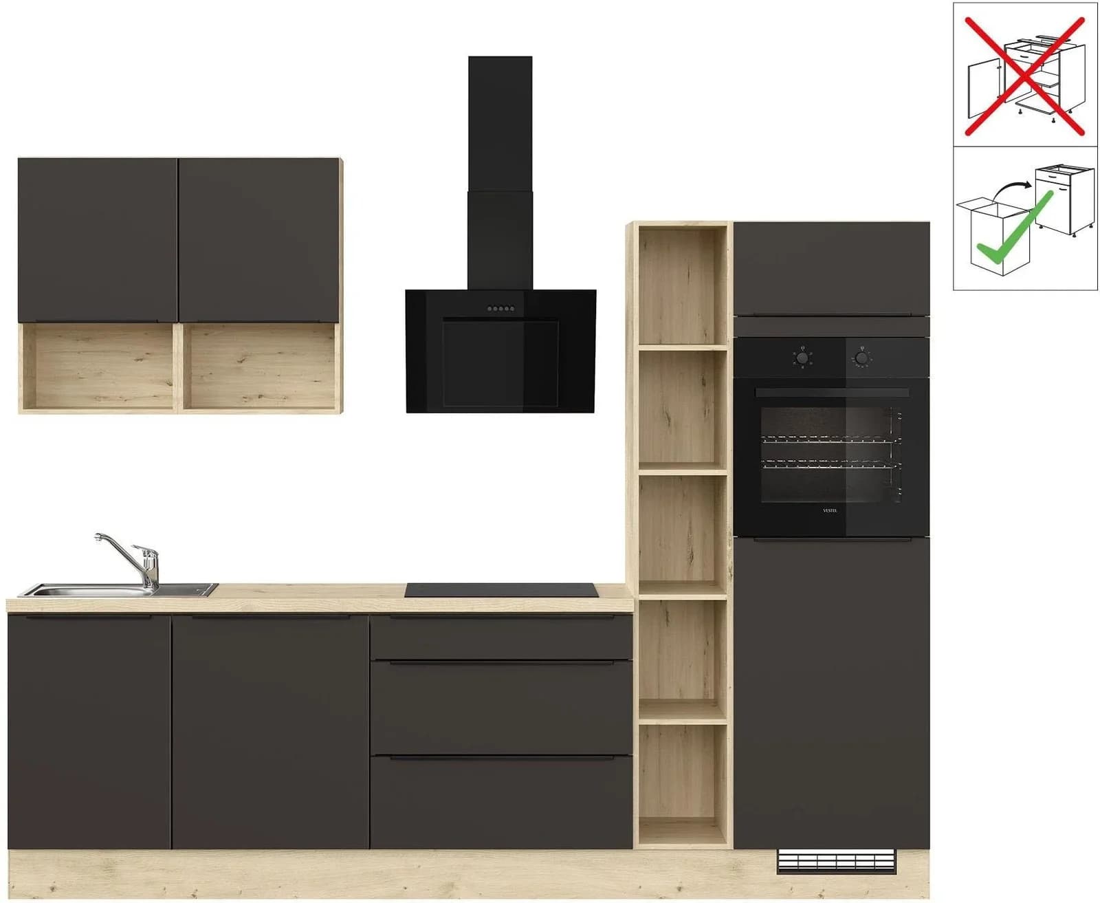 Moderne Küchenzeile aus Holzwerkstoff, Metall, Stahl und Holz