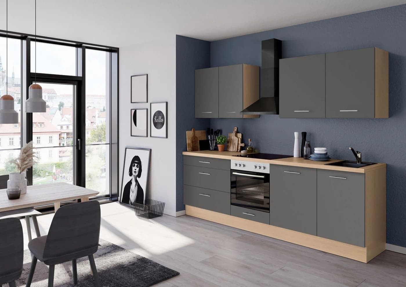 IMPULS KÜCHEN Küchenzeile Kopenhagen Grau Eiche Soft-Close
