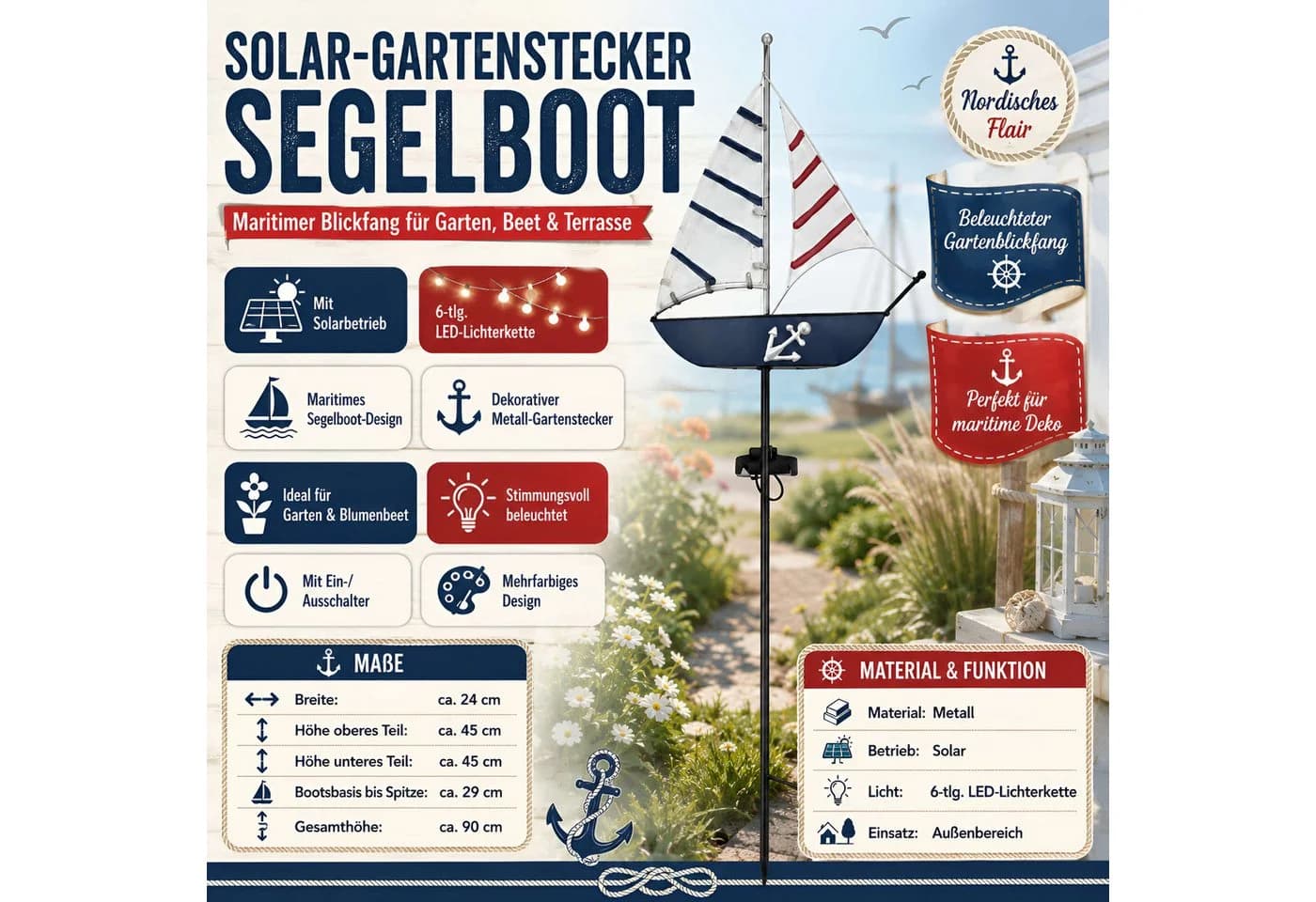 colourliving LED Solar-Gartenstecker Maritim Leuchtturm & Segelboot