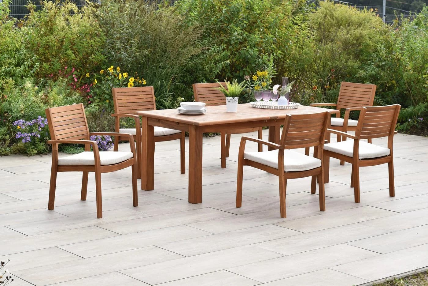 MERXX Garten-Essgruppe Batavia 7-tlg. Akazie beige ausziehbar
