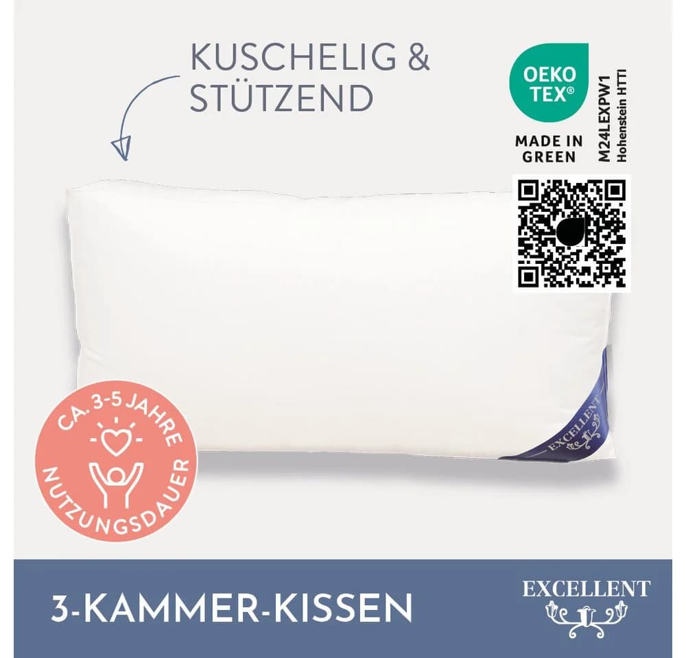 EXCELLENT 3-Kammer-Kopfkissen Florenz Weiß Baumwolle Daunen Federn