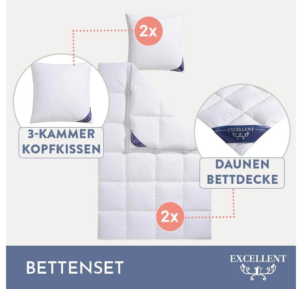EXCELLENT Daunenbettdecke + Kopfkissen Set Weiß Extrawarm